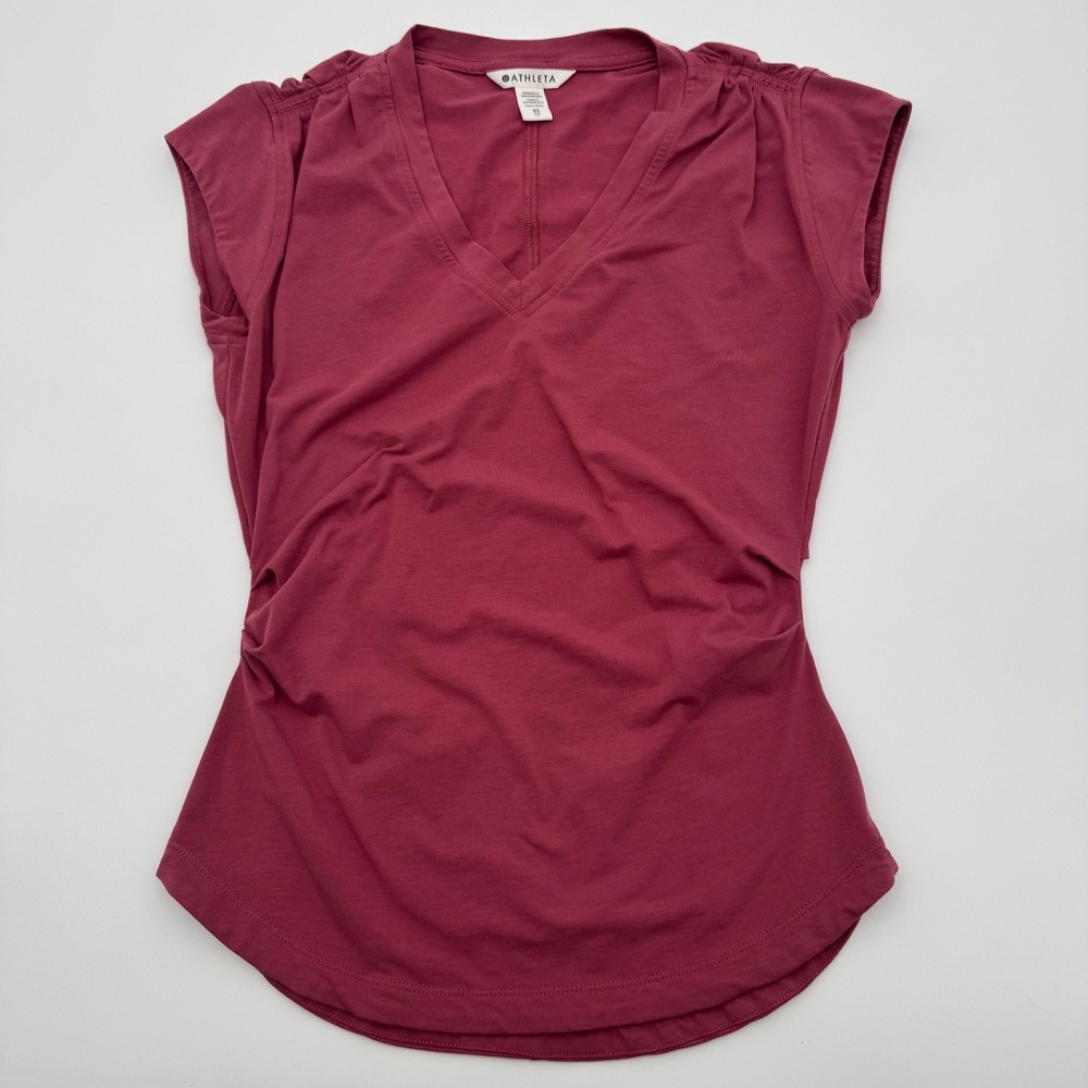 Athleta Womens XS Berry Pink V-Neck Ruched Side Cap Sleeve Top Cotton Blend